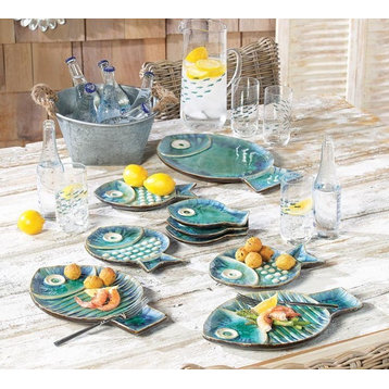 Mid Century Modern Aqua Blue Fish Plate Set 4, Serving Dish Textured Table