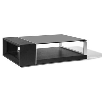 Wenge Veneer And Black Glass Top Coffee Table With Metal Accent