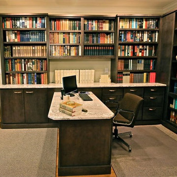 High-End Transitional Home Library | Dark Wood Cabinets & Custom Granite Desk