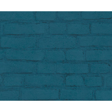Textured Wallpaper Brick Rustic Cottage, Black Blue Green Turquoise, 1 Roll