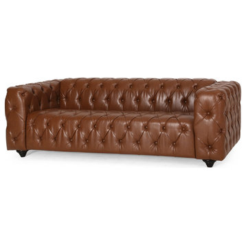 Contemporary Classic Sofa, Padded Button Tufted Seat, Cognac Brown Faux Leather