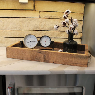 Rustic Alder Gray Stained Kitchen with White Hutch and Island