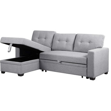 L-Shaped Sleeper Sofa, Padded Linen Upholstered Seat & Pull Out Bed, Light Gray