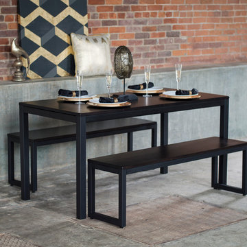 Loft Indoor Bench Dining Set - Textured Black Steel Frame w/ Onyx (Ash) Hardwood