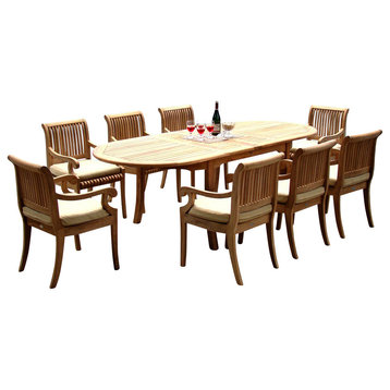 9-Piece Outdoor Teak Dining Set, 94" Extension Oval Table, 8 Giva Arm Chairs