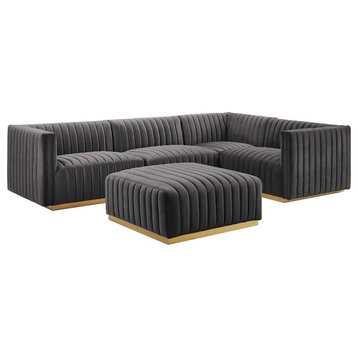 Modway Conjure 5-Piece Velvet and Stainless Steel Sectional Sofa in Gold/Gray