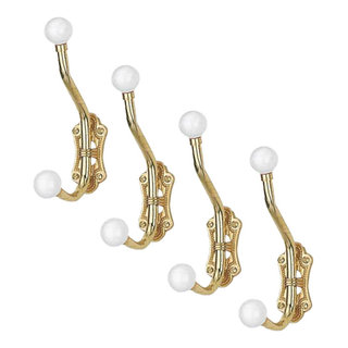 Double Coat Hook 6.25 L Brass Polished White Porcelain Ball Tip Style Pack  of 4 - Traditional - Wall Hooks - by Renovators Supply Manufacturing 