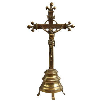 Consigned Crucifix Jesus Christ Religious Standing Cross Fleur de Lis Brass