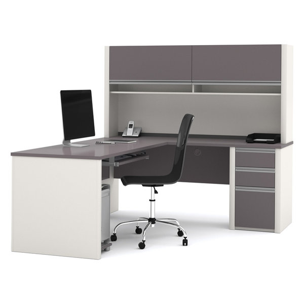 Connexion L-shaped workstation with hutch in Slate & Sandstone