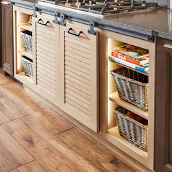 Wellborn Cabinet's Open Display Base End Cabinets concealed by Sliding Barn Door - Kitchen Cabinetry