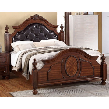 Transitional Wooden Queen Bed With Pu Hb & Circular Floral Design, Cherry Finish
