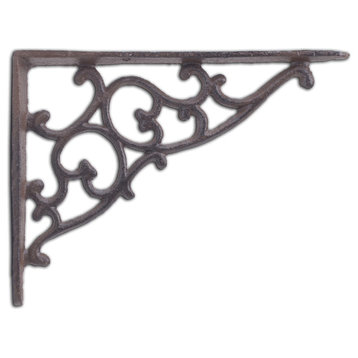 Decorative Cast Iron Wall Shelf Bracket, Ornate Vine, Rust Brown, 7.125" Deep