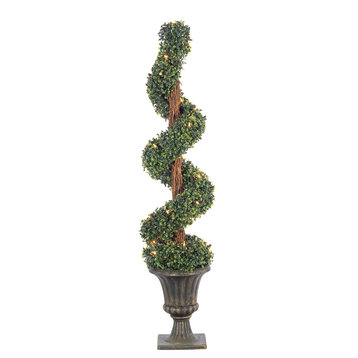 Pre-Lit Potted Boxwood Spiral Tree With 35 Clear Lights, 4 Foot