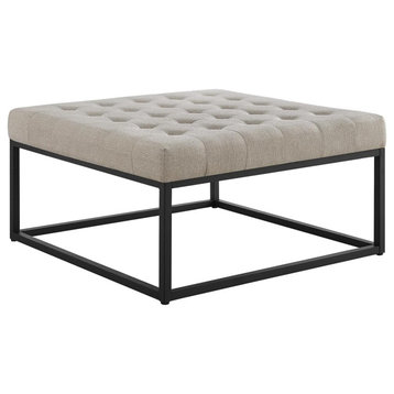 Modern Coffee Table, Golden Metal Base With Tufted Fabric Top, Linen/Black