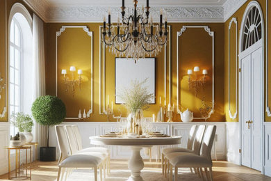Foto di un'ampia sala da pranzo boho chic chiusa con pareti gialle, pavimento in legno massello medio, boiserie e pavimento marrone