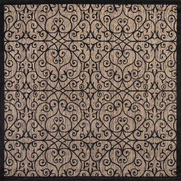 Madrid Vintage Filigree Textured Weave Indoor/Outdoor, Black/Khaki, 6'7" Square