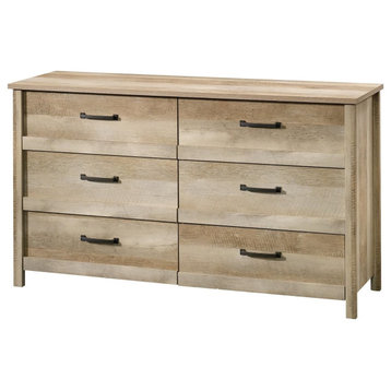 French Country Double Dresser, 6 Storage Drawers With Metal Pulls, Lintel Oak