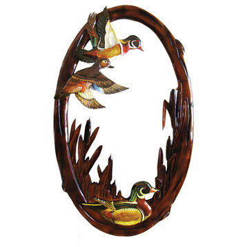Flying Duck Hand Crafted Intarsia Wood Art Wall Mirror 24 X 39 X 2 Inches