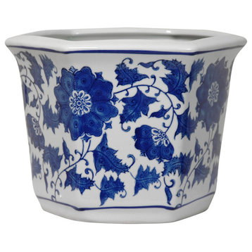 10" Floral Blue and White Porcelain Flower Pot