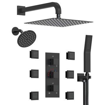 Dual Heads 12" High Pressure Rainfall Shower System with Rough-in Valve, Matte Black