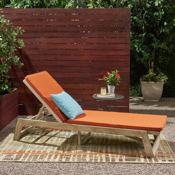 Adelaide Outdoor Acacia Wood Chaise Lounge and Cushion Set, Orange
