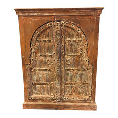 Consigned Antique Chest Haveli Rustic Red Wooden Double Door Sideboard Cabinet