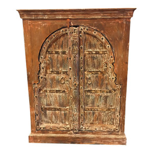 Mogul Interior - Consigned Antique Chest Haveli Rustic Red Wooden Double Door Sideboard Cabinet - Accent Chests And Cabinets