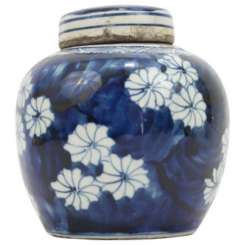 Reverse Blue and White Porcelain Bursting Floral Ginger Jar 6"