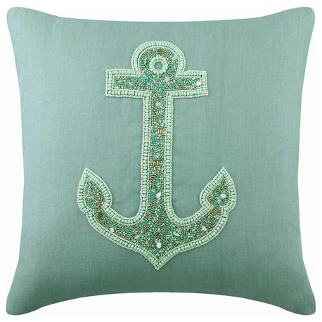 Designer 14"x14" Anchor Beaded Dull Blue Linen Pillow Cover, Lost Anchor