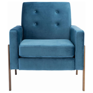 Unique Accent Chair, Sleek Wooden Legs With Rich Blue Velvet Seat & Track Arms