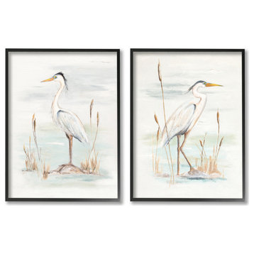 Elegant Heron Birds Cattails Plants In Water Painting, 2pc, each 16 x 20