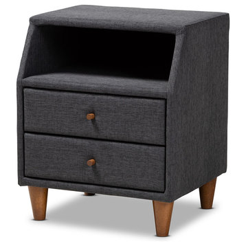 Claverie Mid-Century Modern Charcoal Fabric Upholstered 2-Drawer Wood Nightstand