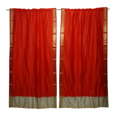 Mogul Interior - 2 Indian Silk Sari Red Curtains Window Treatment Brocade Border Door Panel - Curtains