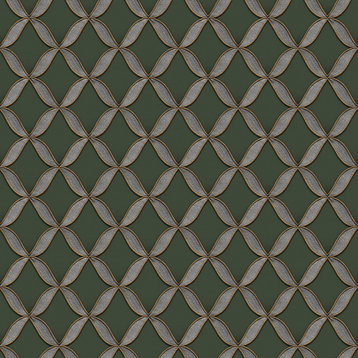 Geometric Textured Wallpaper With Petals, Silvergray Green Gold, 1 Roll