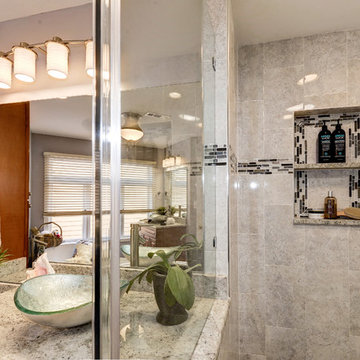 Elegant Master Bathroom Remodel with Quartz-Granite Hybrid Vanity and Spa Shower