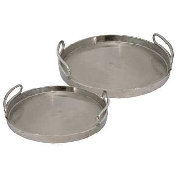 Set of 2 Silver Metal Round Tray