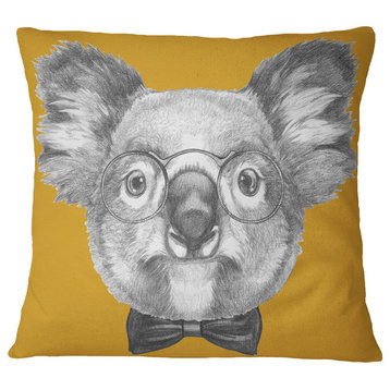 Koala With Glasses and Bow Tie Contemporary Animal Throw Pillow, 18"x18"
