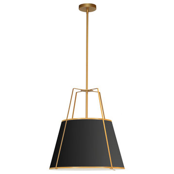 18" Contemporary Modern Pendant Light, Gold With Black Tapered Drum Shade