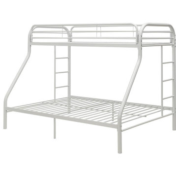 Twin Over Queen Bunk Bed, Metal Frame With Safety Guard Rails and 2 Ladders, White