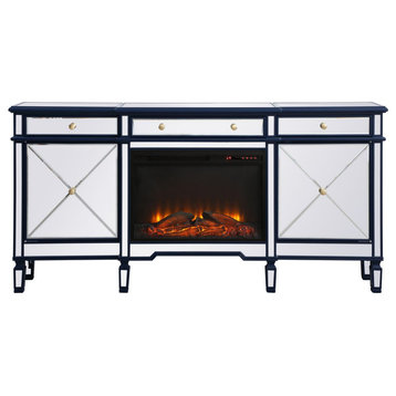 Calum 72" Mirrored Credenza With Wood Fireplace, Blue