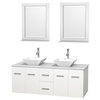 Centra 60" Matte White Double Vanitya, Pyra White Porcelain, 24" Mirrors