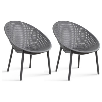 Set of 2 Modern Plastic Lounge Chair Egg Shaped Seat for Indoor/Outdoor, Grey