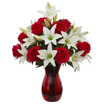 Roses and Lilies Artificial Arrangement in Red Vase