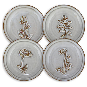 5" Round Dish, Reactive Glaze, 4 Flower Design Styles, Cream, Brown, Set of 12