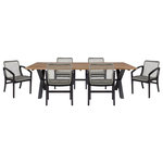 Armen Living - Glendora Beckham Outdoor Patio Live Edge Dining Set, Wood/Gray Rope, 7-Piece Set - Introducing the Beckham Outdoor Dining Chair and Glendora Outdoor Patio Live Edge Dining Table Set  a captivating fusion of mid-century modern allure and contemporary design, meticulously crafted to redefine your outdoor dining experience. The Beckham Outdoor Dining Chair boasts a stunning silhouette reminiscent of mid-century modern design. Crafted from durable eucalyptus wood, steel, and resilient rope, this chair encapsulates a robust steel frame wrapped in intricate, weather-resistant rope. Eucalyptus wood, known for its resistance to decay and rot, ensures longevity and style. Lively wood grains, seamlessly flowing arms, and legs deliver a sculptural aesthetic, making it a versatile choice for both outdoor and indoor spaces. Choose between a light wood finish with charcoal rope or a dark wood finish with gray rope. The Brighton armchair arrives fully assembled, ready to enhance your outdoor seating area. Complementing the chairs, the Glendora Outdoor Patio Live Edge Dining Table offers a stunning blend of natural beauty and contemporary design. The Eucalyptus wood tabletop features a wavy live edge, expertly sanded down for a unique and eye-catching surface. Supported by an industrial black metal base, this table combines aesthetics with durability. Water-resistant and UV-resistant features ensure its resilience through changing weather conditions, making it a steadfast centerpiece for your outdoor dining space. The captivating combination of the live edge and sleek metal base elevates the Glendora Dining Table to a striking focal point. Elevate your outdoor dining aesthetic with the Beckham Outdoor Dining Chair and Glendora Outdoor Patio Live Edge Dining Table Set.