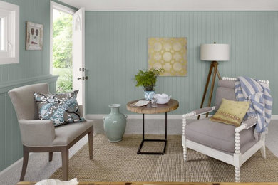 Design ideas for a mid-sized beach style study room in Dallas with green walls, carpet, no fireplace, a freestanding desk and beige floor.