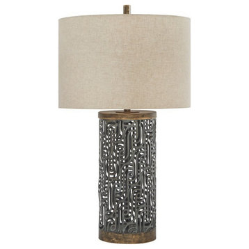 150 Watt Metal Body Table  Lamp with Network Design, Gray and Beige