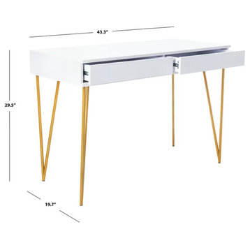 Contemporary Desk, Elegant Hairpin Legs & Handless Storage Drawers, White/Brass