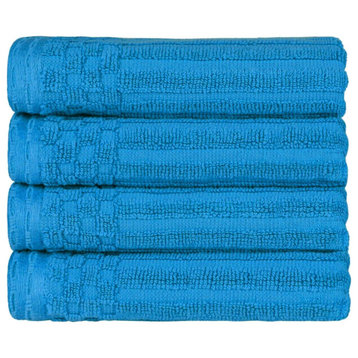 4 Piece Checkered Border Cotton Hand Towel Set, Azure
