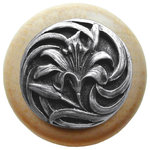 Notting Hill Decorative Hardware - Tiger Lily Wood Knob, Antique Brass, Natural Wood Finish, Antique Pewter - Projection: 1-1/8"